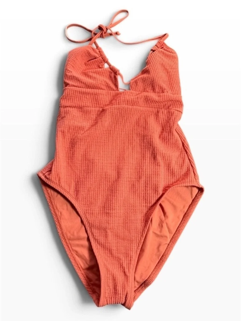 BECCA cut out textured tie back One Piece swimsuit rust orange size M $138 New